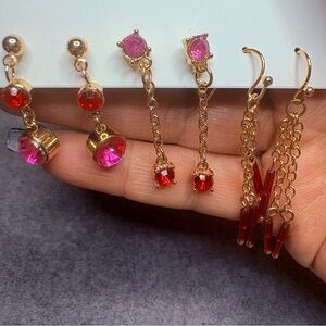 NWT Laundry by Shelli Segal Set of 3 Pierced Dangle Earrings Pink Red Gold